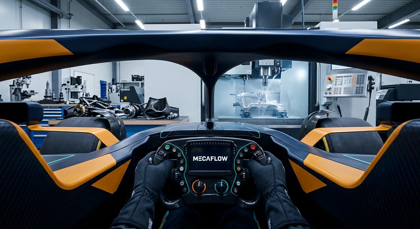 Vue depuis le poste de pilotage d’une monoplace, volant marqué MECAFLOW, face à un centre d’usinage CNC en train de tailler une pièce dans un atelier de mécanique de précision.